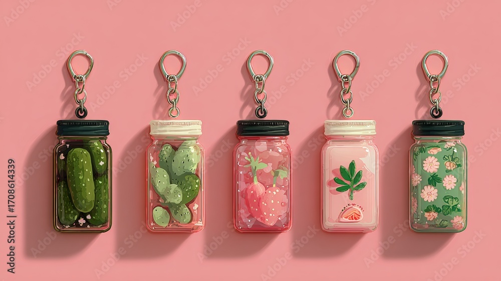 Fototapeta premium Playful keychain jar illustrations with plants and fruits on pink evoke gift, stationery, and lifestyle branding themes