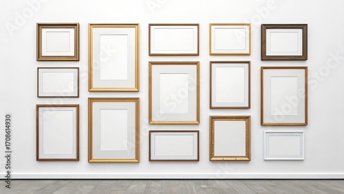Collection of empty picture frames arranged on a white wall