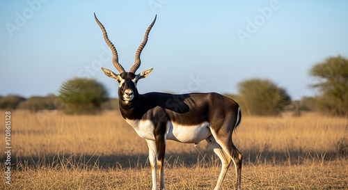 A majestic male Indian blackbuck antelope standing proudly in a golden savanna grassland at sunset