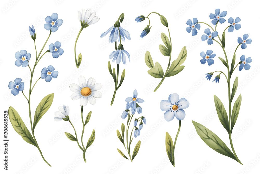 Obraz premium Watercolor illustration of delicate blue and white wildflowers on a white background