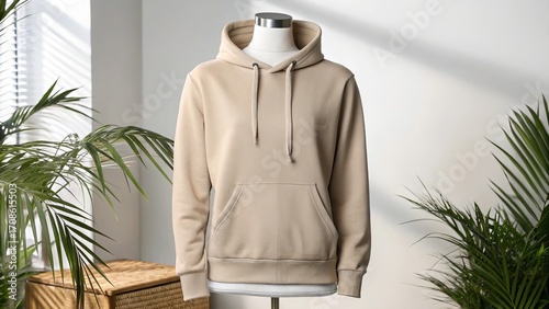 Beige hooded sweatshirt on a mannequin with plants and sunlight