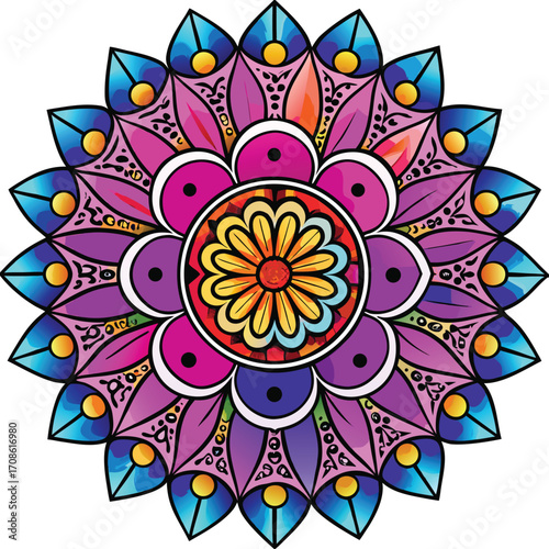Vibrant colorful watercolor mandala design with artistic textured elements and a spiritual meditative feel