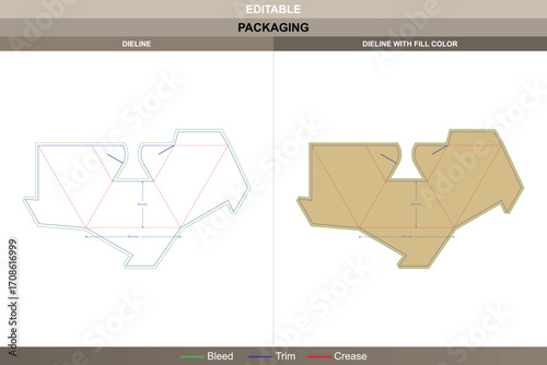 Triangle polygonal box dieline in custom dimensions, editable packaging vector template for branding design with fold marks and precise print ready die line
