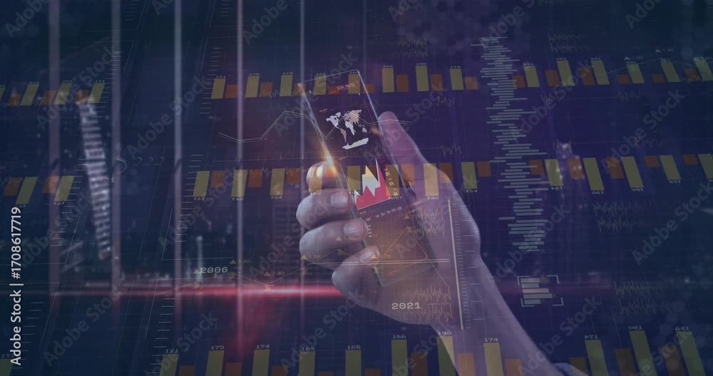 Finger tapping smartphone fingerprint icon causing bar charts animating ...