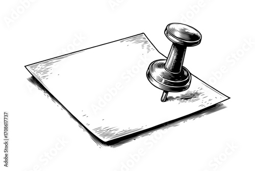 Push pin piercing a square note paper, hand-drawn sketch style, isolated on white background, concept of reminder or notice