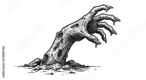 Vintage ink engraving sketch of zombie hand rising from grave, black and white vector illustration isolated on white background, horror engraving SVG design for Halloween 2025–2026