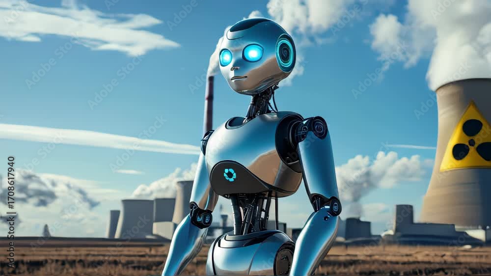 Nuclear Robot Example video of A robot with a nuclear plant under a clear sky, near a ...