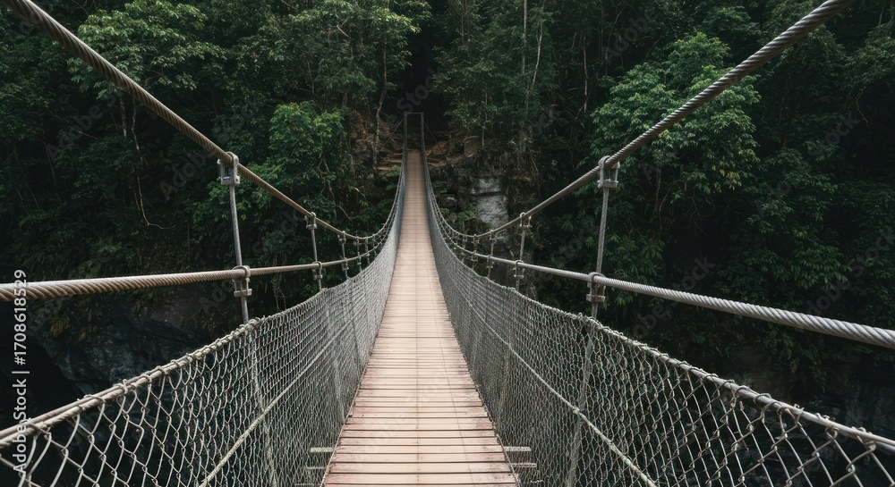 Fototapeta premium Lush forest canopy surrounds a suspension bridge
