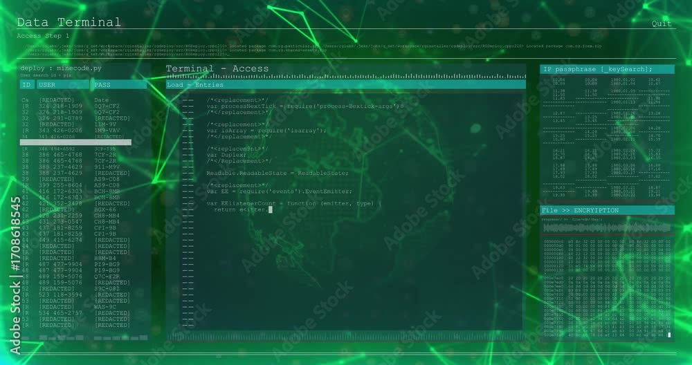 Rotating globe starting Data Terminal fading code editor typing Python ...