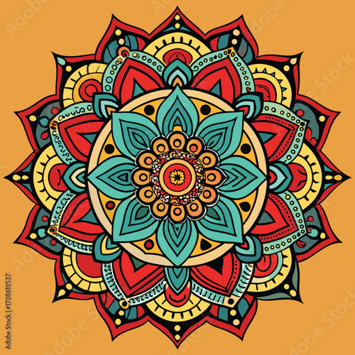 Intricate classic indian mandala design with detailed black line work and vibrant color accents