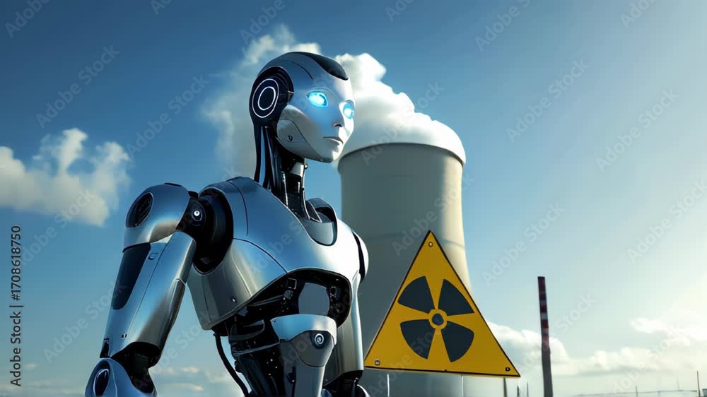 Nuclear Robot Example video of A robot with a nuclear plant under a clear sky, near a ...