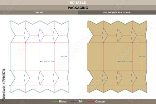 Tuck end box dieline with drawstring buffer variations in custom sizes, editable packaging carton template with fold structure and precise print ready die line