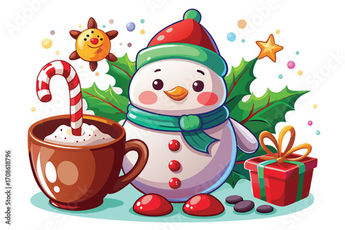 cute snowman characters beside christmas hot choco