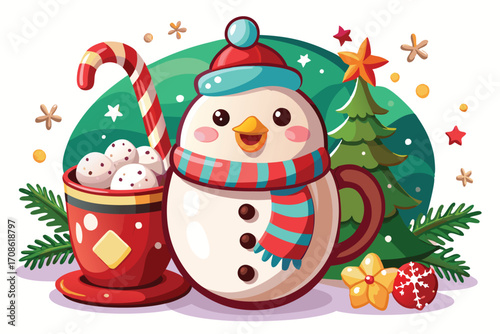 cute snowman characters beside christmas hot choco