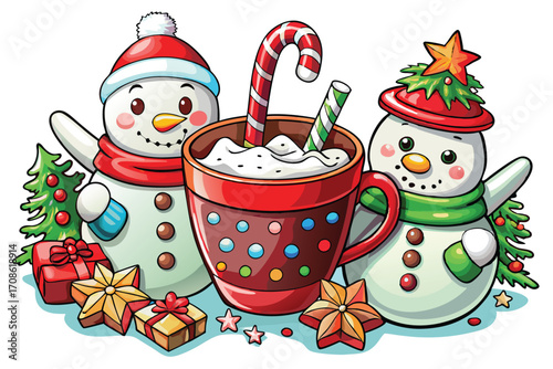 cute snowman characters beside christmas hot choco