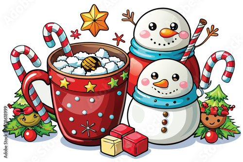 cute snowman characters beside christmas hot choco