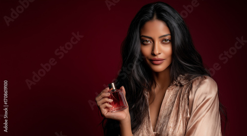 Elegant woman holding perfume bottle against burgundy background