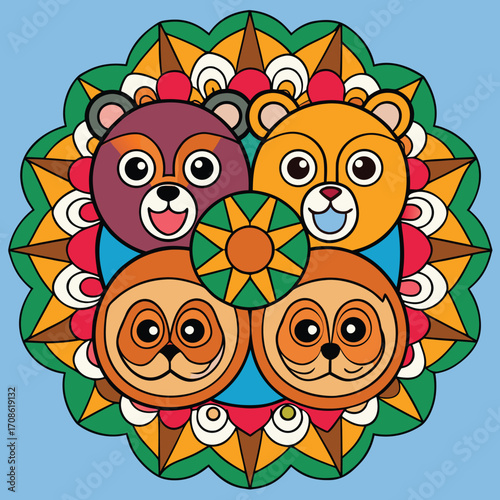 Intricate animal mandala design featuring majestic tiger and lion heads in a circular pattern