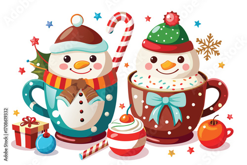 cute snowman figures standing beside holiday hot