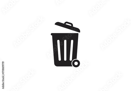 Simple black trash can icon with lid open, perfect for waste management and recycling concepts.