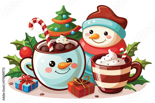 jolly snowmen beside christmas hot chocolate with candy