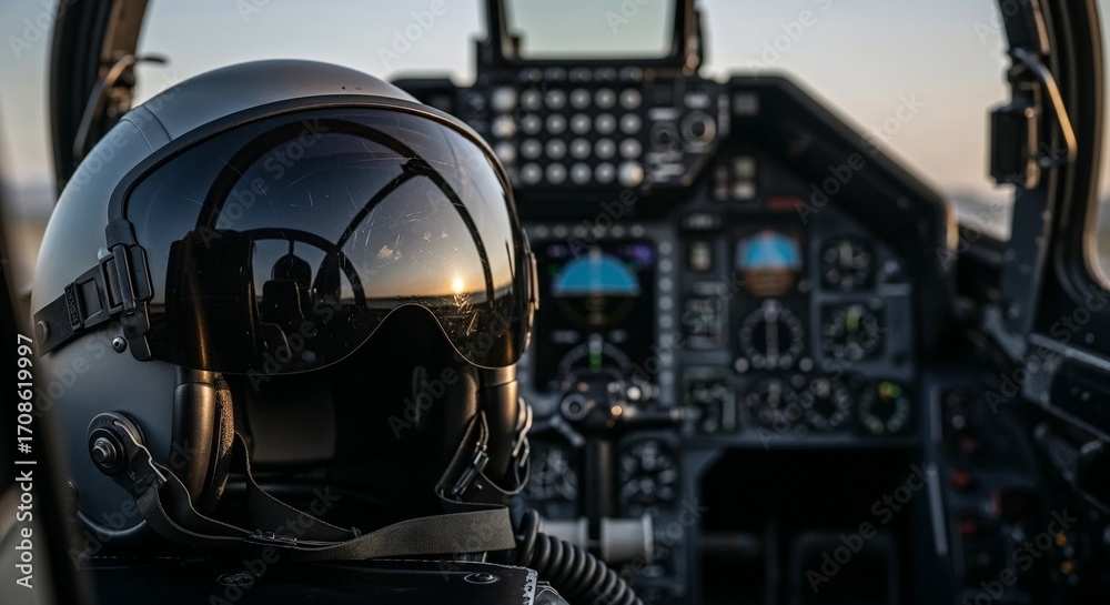 Fototapeta premium Close up of pilot helmet in cockpit of fighter jet. Military aircraft interior with instruments and controls for flight mission concept.