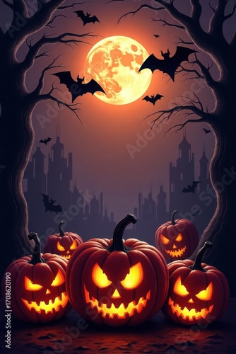 halloween background with pumpkin and bats,Halloween background with pumpkin and bats, Halloween party invitation card with pumpkin bats and harrier tree 