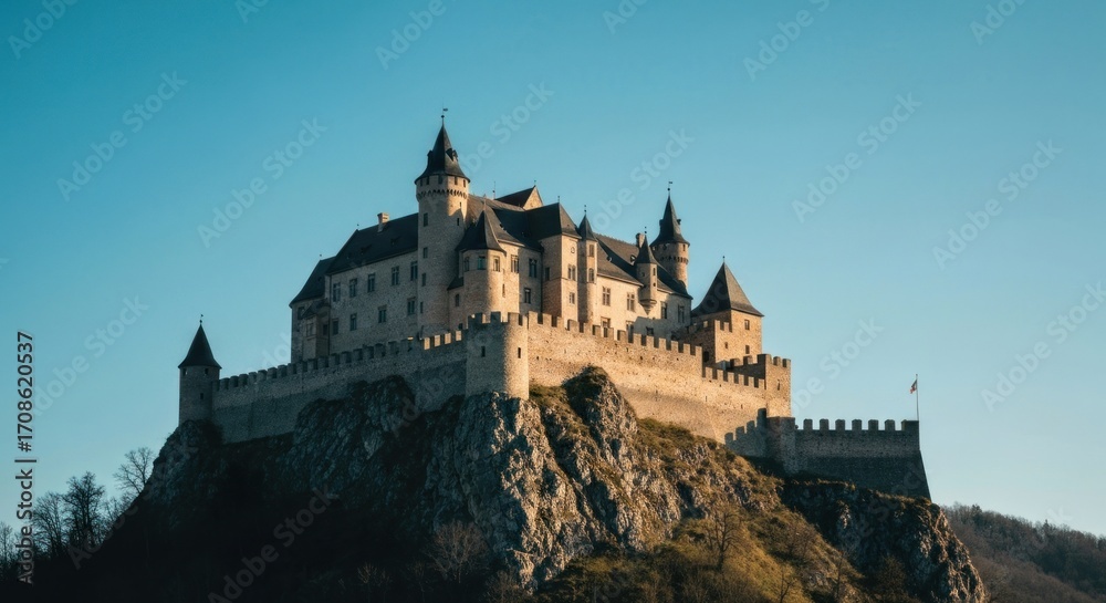 Naklejka premium Majestic castle perched atop a rocky hill against a clear blue sky