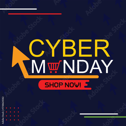 Elegant Cyber Monday sale banner featuring bold yellow typography with shopping cart icon on a dark background. Ideal for digital promotions and ecommerce websites.