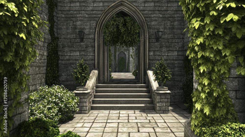 Obraz premium Castle entrance with lush greenery