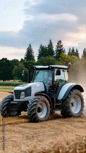 A tractor plows through mature crops as dust clouds rise in the golden light of sunset, showcasing farming activity and nature