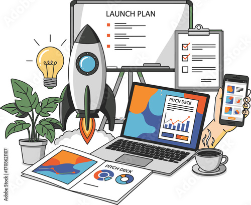 Business launch plan with rocket laptop and pitch deck isolated on white background
