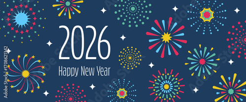 2026 Happy New Year - Schriftzug in englischer Sprache - Frohes neues Jahr. Neujahrskarte mit buntem Feuerwerk auf blauem Hintergrund.
