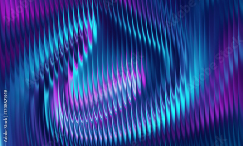 Wavy abstract background with iridescent metallic texture and purpleblue neon light