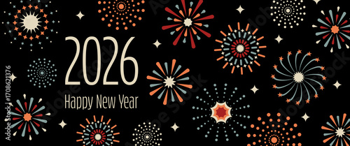 2026 Happy New Year - Schriftzug in englischer Sprache - Frohes neues Jahr. Neujahrskarte mit buntem Feuerwerk auf schwarzem Hintergrund.