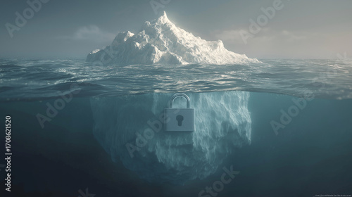 Iceberg with padlock underwater metaphor for hidden security.