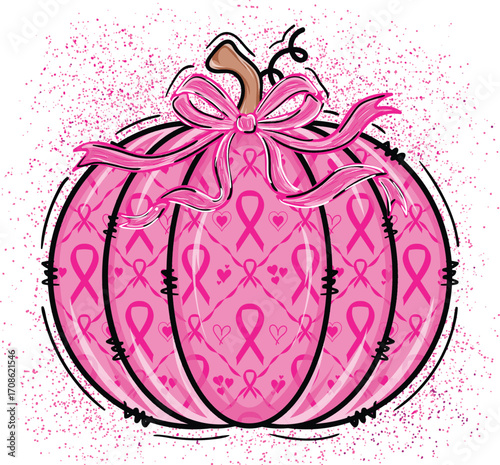 Hand drawn breast cancer awareness pumpkin illustration. Pink ribbon pumpkin for cancer survivor, Cancer fighter, Woman health awarenss in october