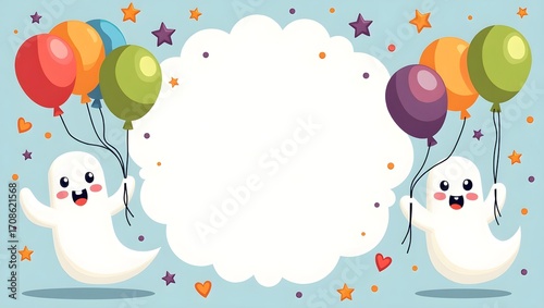 a cute Halloween party invitation card with space foe text writing a cute ghost holding balloons on each side , 21 September Halloween party invitation card
