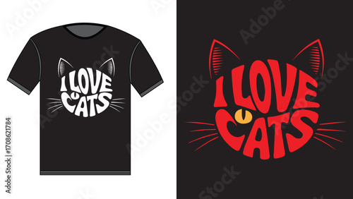 I Love Cats Typography, A creative t-shirt design featuring a cat's head formed by bold lettering.