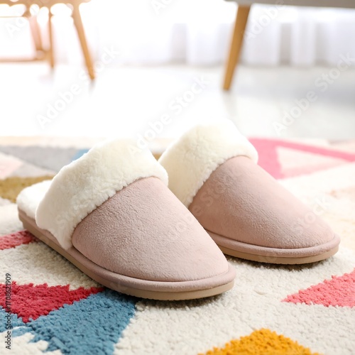 Soft pink slippers on colorful rug