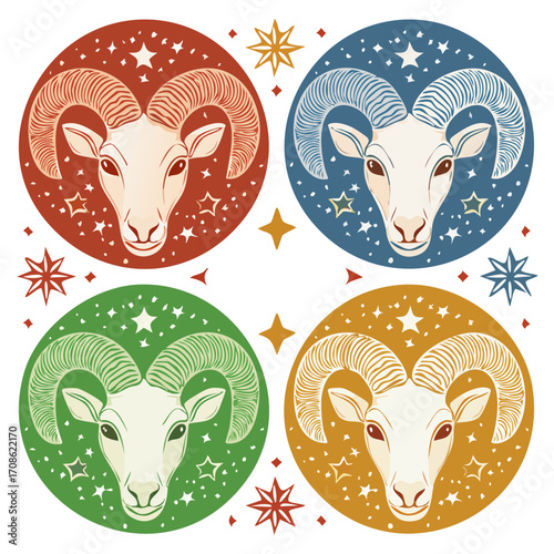 Zodiac, Astrology, Horoscope Colorful Aries Zodiac Sign Illustrations for Astrological Concepts
