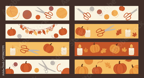 Autumn themed crafting elements including pumpkins yarn and scissors isolated on white background