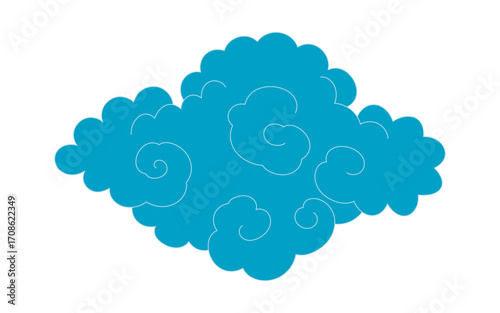 Traditional Asian cloud, cumulus cloud, line drawing, blue, isolated on transparent. Hand drawn vector illustration. Buddhist thangka art. Chinese, Japanese, Korean design element, clip art