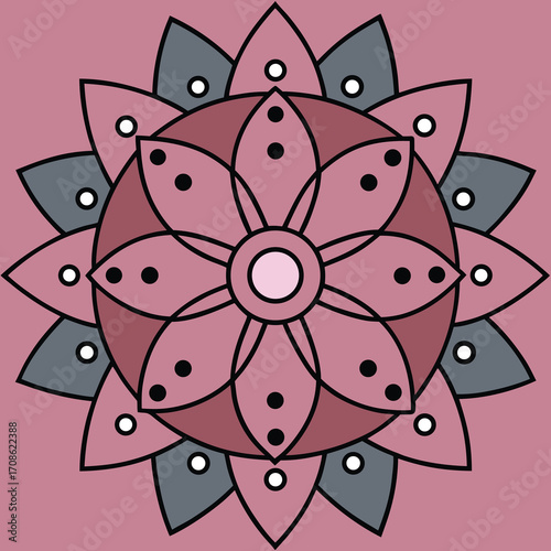 Intricate symmetrical dotwork mandala design with minimal line art and vibrant color accents