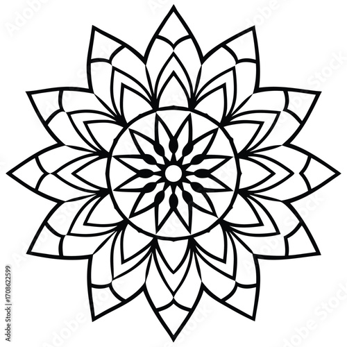 Intricate black and white mandala design with geometric patterns and floral elements