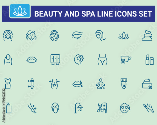 Minimalist Beauty and Spa vector line style icons set. wellness, spa, beauty, element, face, soap, massage and more. Editable Stroke.