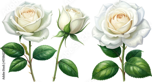 Stages of blooming white roses artwork. Hand-painted white roses growing. White rose illustration at different stages. Beautiful blooming rose flower art. From bud to bloom: white rose design