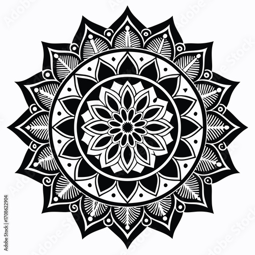 Intricate black and white geometric mandala design with vibrant color accents
