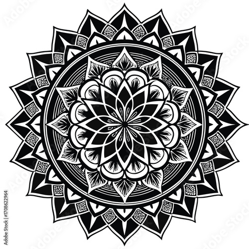 Intricate black and white mandala design with geometric patterns and floral elements