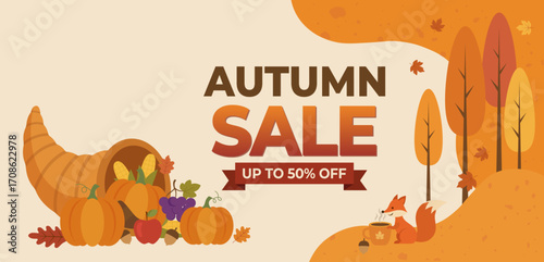 Autumn Sale with a Cozy Vibe, Seasonal Banner with Up to 50% Off, Decorative Leaves Background and Fall Theme Design